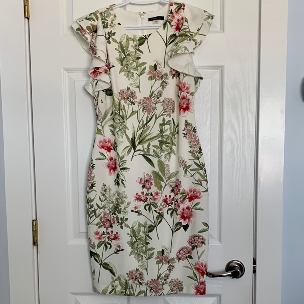 Tommy Hilfiger Green and Pink Sheath Midi Dress with Flutter Cap Sleeves size 8